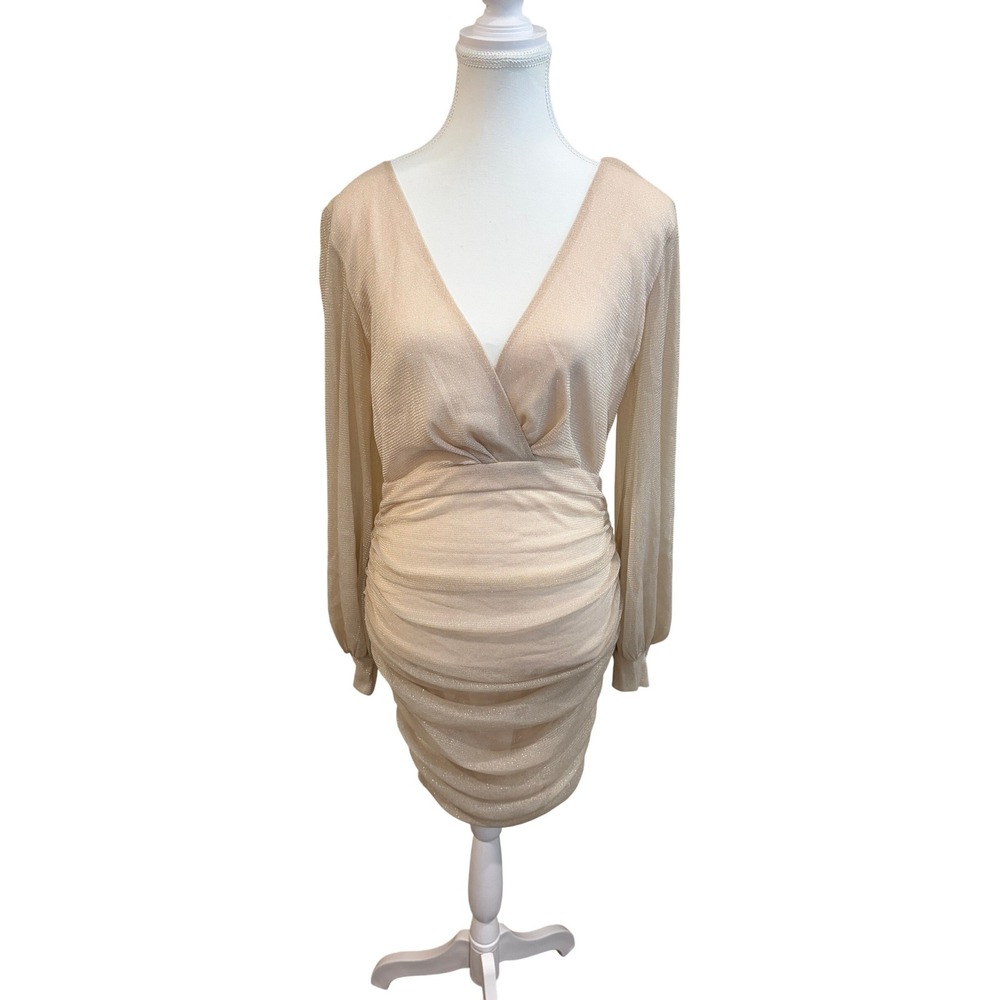 Cream Shimmer Ruched Dress – Size M – Long Sleeve V-Neck Party Mini – NWT